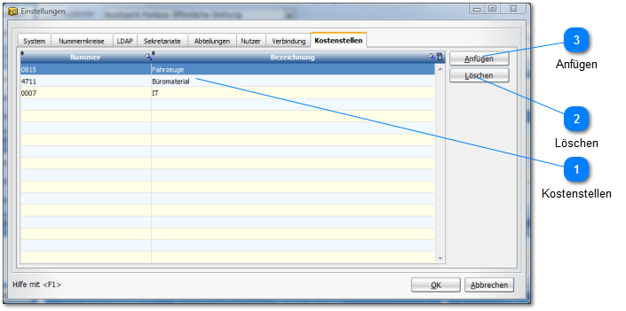 Einstellungen-Kostenstellen